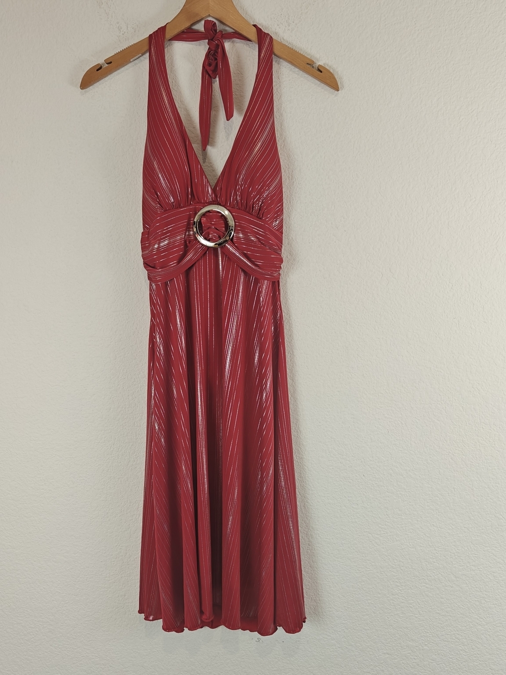 Vintage Y2K Red Metallic Halter Mini Dress Open Back Silver Ring Stretch S/M